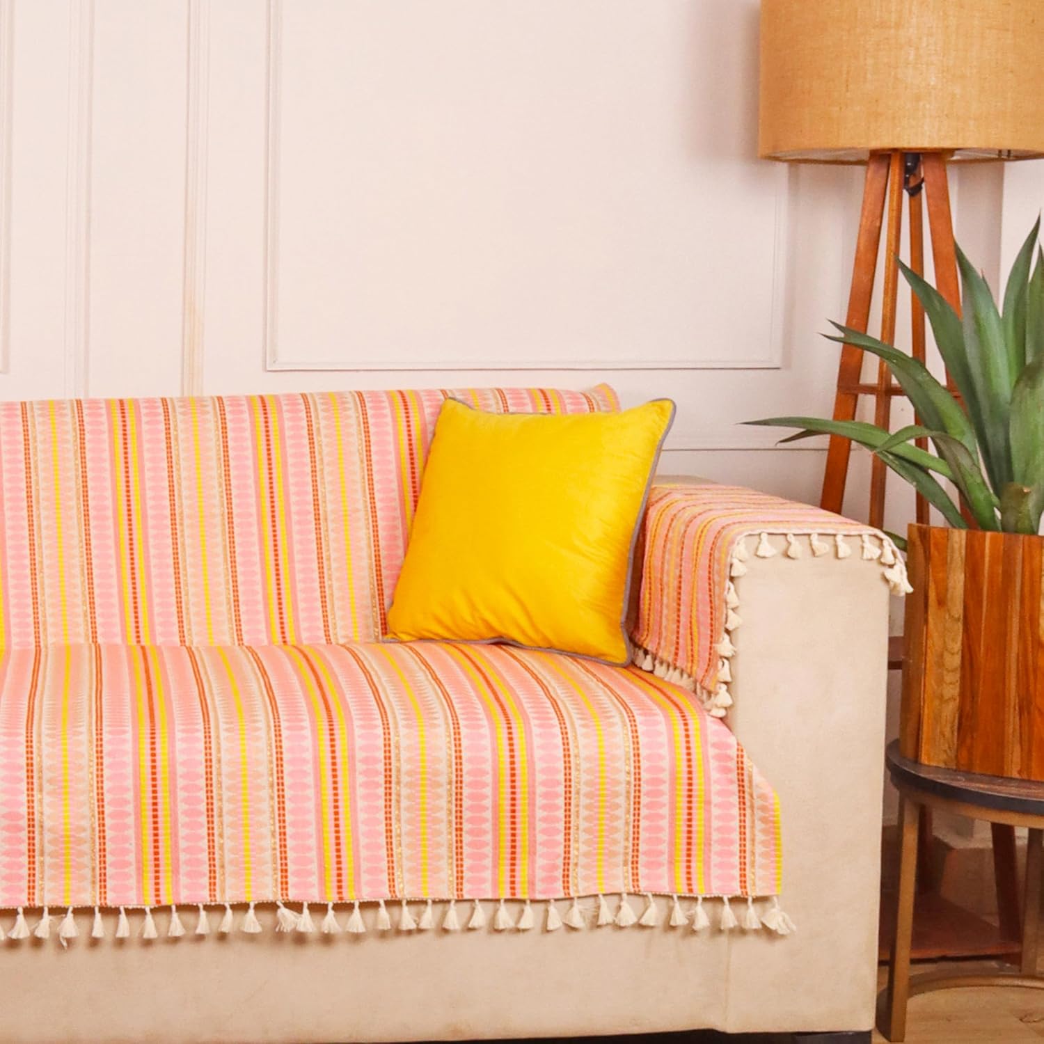 STITCHNEST Woven 3 Seater Sofa Protector with 2 Hand Rest Covers – Pink & White Stripe Design – Washable Fabric with Tassels – Stylish Sofa Cover for Modern Living Room & Furniture Décor - Image 4