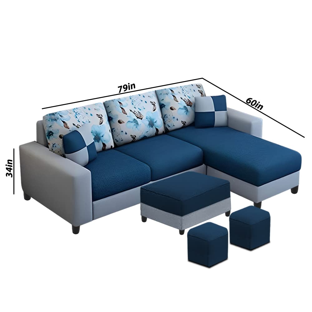 Rolando RHS 4 Seater L Shape Sofa with 2 Puffy Set for Living Room | Premium Fabric Sofa Set (4S RHS - Ottoman, Blue Grey) - Image 3
