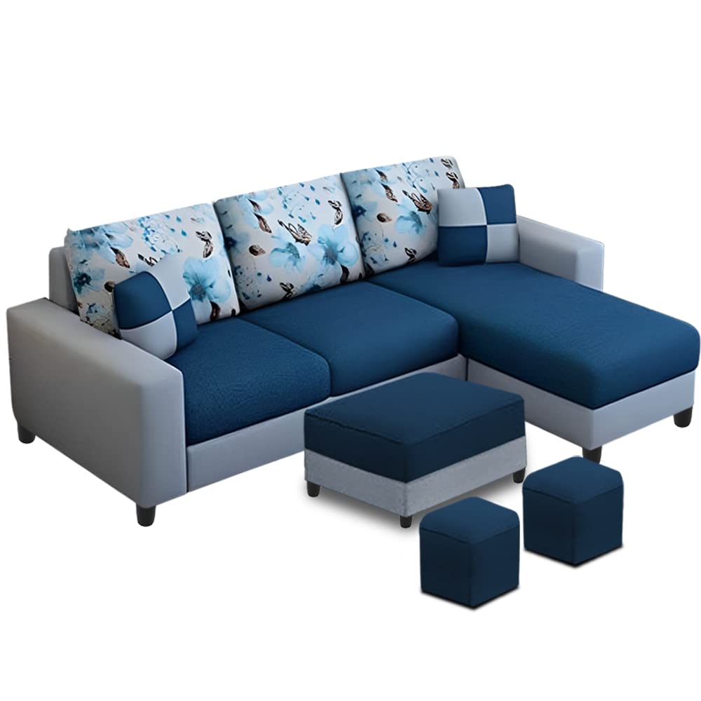 Rolando RHS 4 Seater L Shape Sofa with 2 Puffy Set for Living Room | Premium Fabric Sofa Set (4S RHS - Ottoman, Blue Grey) - Image 4