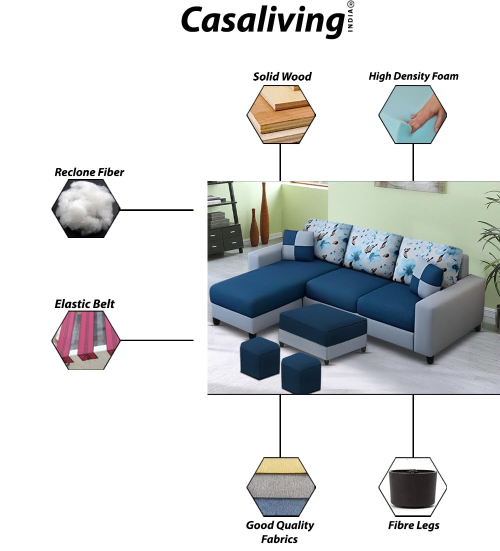 Rolando RHS 4 Seater L Shape Sofa with 2 Puffy Set for Living Room | Premium Fabric Sofa Set (4S RHS - Ottoman, Blue Grey) - Image 5