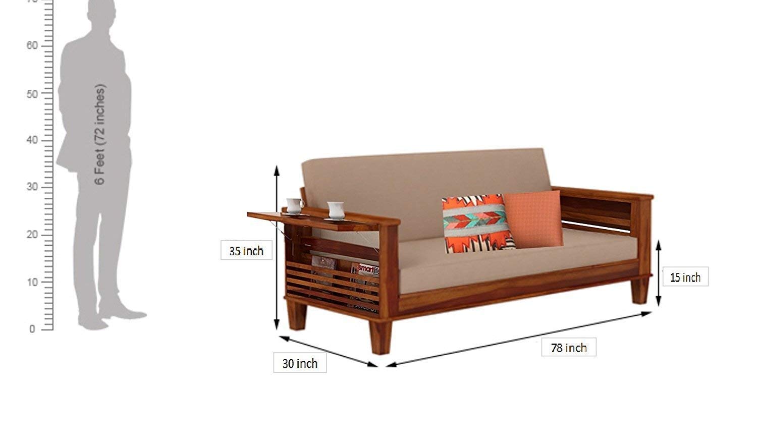 Handicraft heesham Wooden Sofa Cum Bed for Living Room with Side Pocket Storage - 3 Seater Sofa Cum Bed / 3 Person Sofa Bed Wooden Furniture with Cushion Seating (Honey Finish) - Image 3