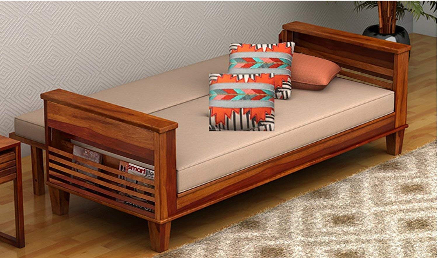 Handicraft heesham Wooden Sofa Cum Bed for Living Room with Side Pocket Storage - 3 Seater Sofa Cum Bed / 3 Person Sofa Bed Wooden Furniture with Cushion Seating (Honey Finish) - Image 4