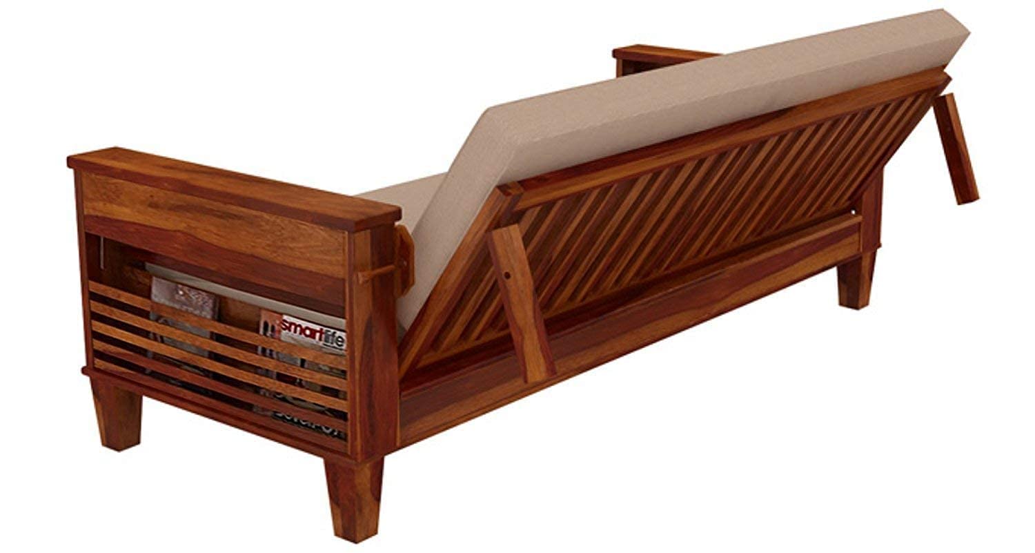 Handicraft heesham Wooden Sofa Cum Bed for Living Room with Side Pocket Storage - 3 Seater Sofa Cum Bed / 3 Person Sofa Bed Wooden Furniture with Cushion Seating (Honey Finish) - Image 5