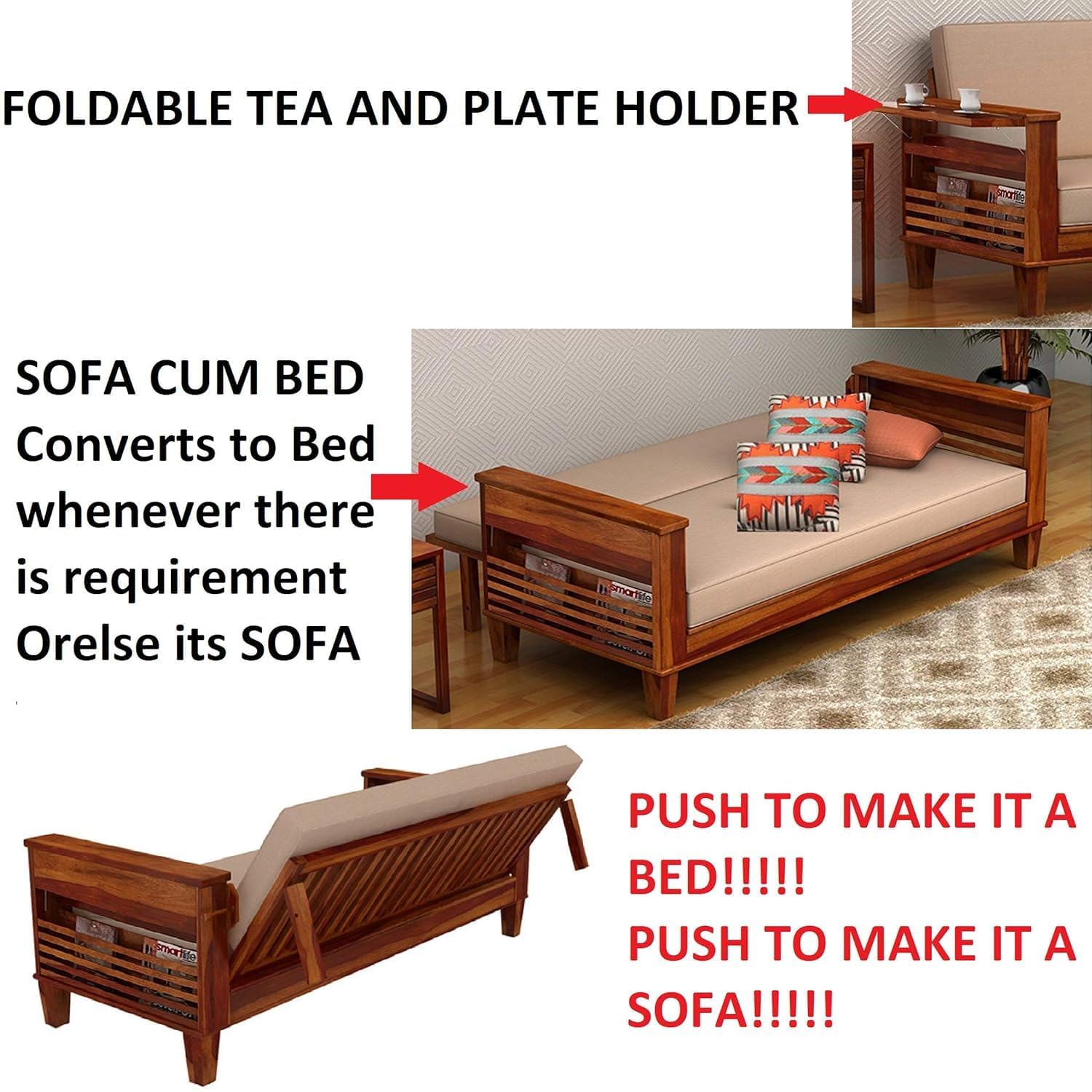 Handicraft heesham Wooden Sofa Cum Bed for Living Room with Side Pocket Storage - 3 Seater Sofa Cum Bed / 3 Person Sofa Bed Wooden Furniture with Cushion Seating (Honey Finish) - Image 6