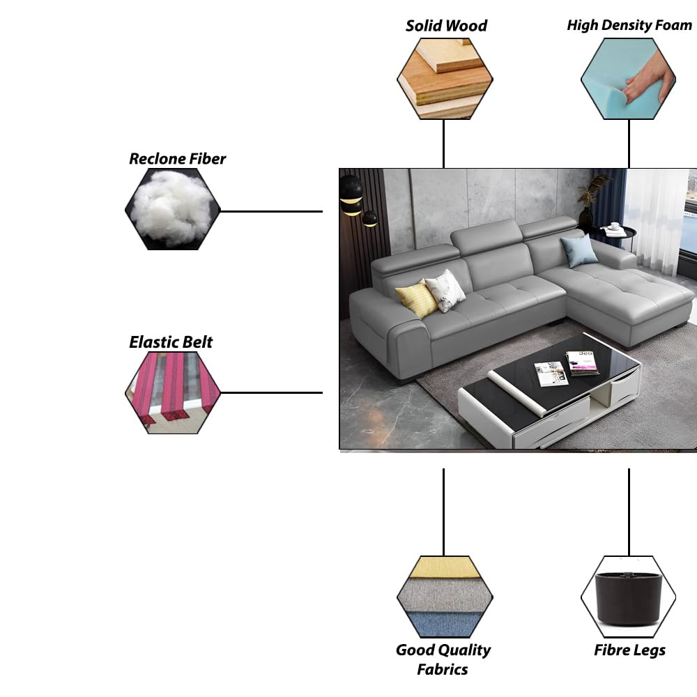 GRAPEWOOD Henslee LHS 4 Seater L Shape Sofa Set for Living Room (Grey) Premium Leathertte Fabric Sofa - Image 3