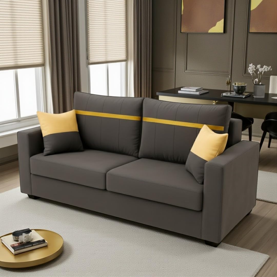 Stonvik 2 Seater Sofa Set | Soft Velvet Suede Fabric | Modern Design | Plush Comfort Cushions for Living Room (Dark Grey, Gold Stripped Cushion) - Image 4