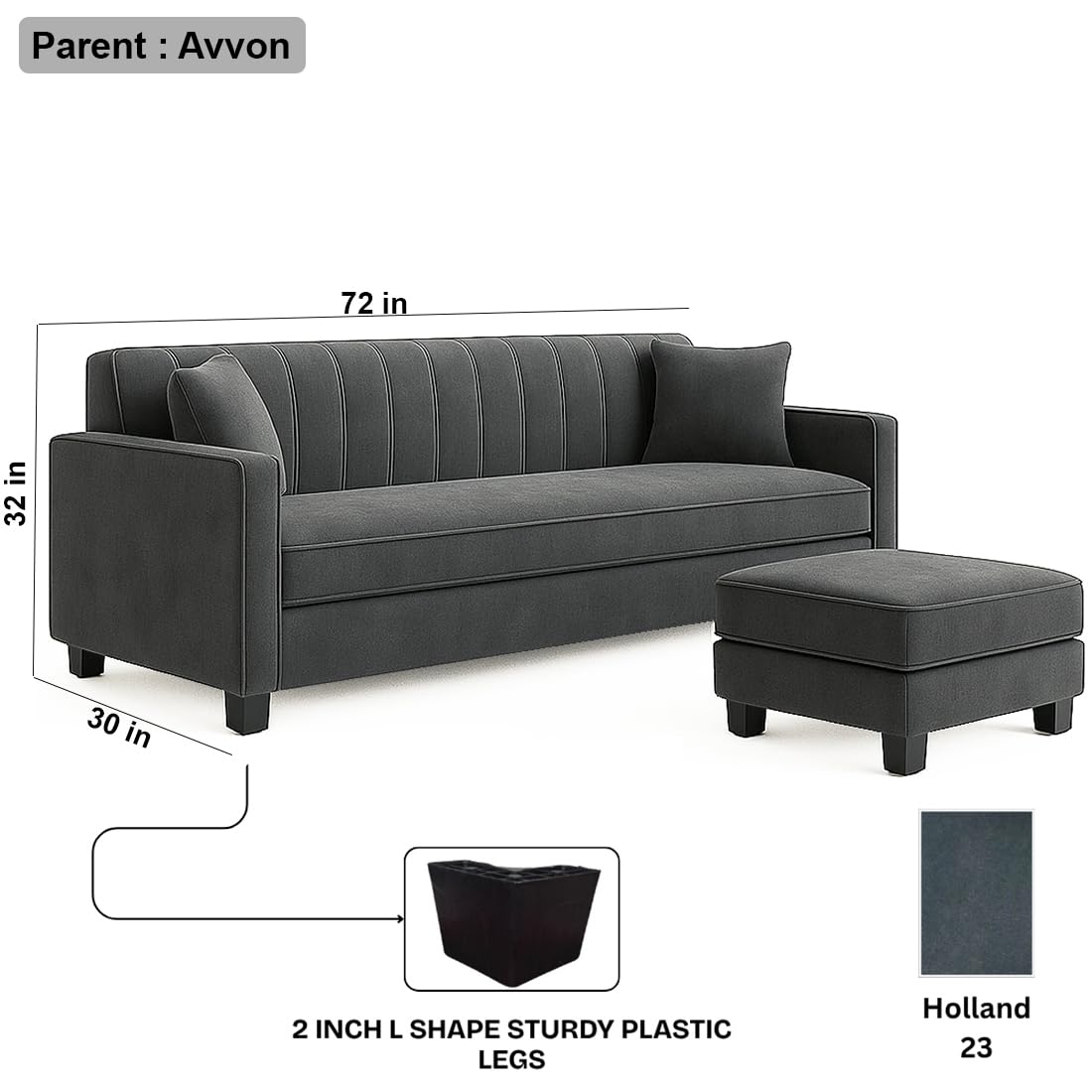 FURNY Avvono 3 Seater Fabric Modular Sofa Set with Ottoman (Dark Grey) with Velvet Fabric | Durable Comfort | Ideal for Living Room - Image 3