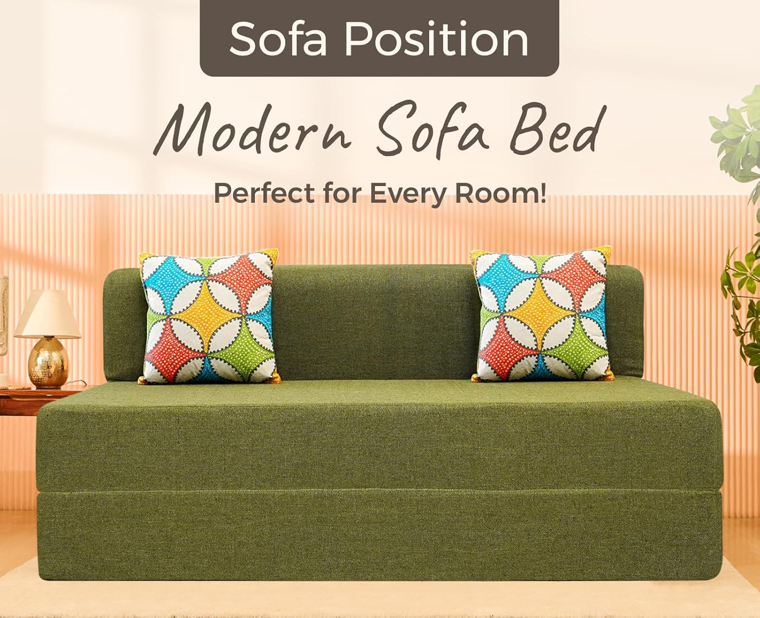 uberlyfe Basics 3 Seater Sofa Cum Bed | Jute Fabric Washable Cover | 2 Cushions Jharokha Pattern | Olive Green | 5' X 6' Feet - Image 4