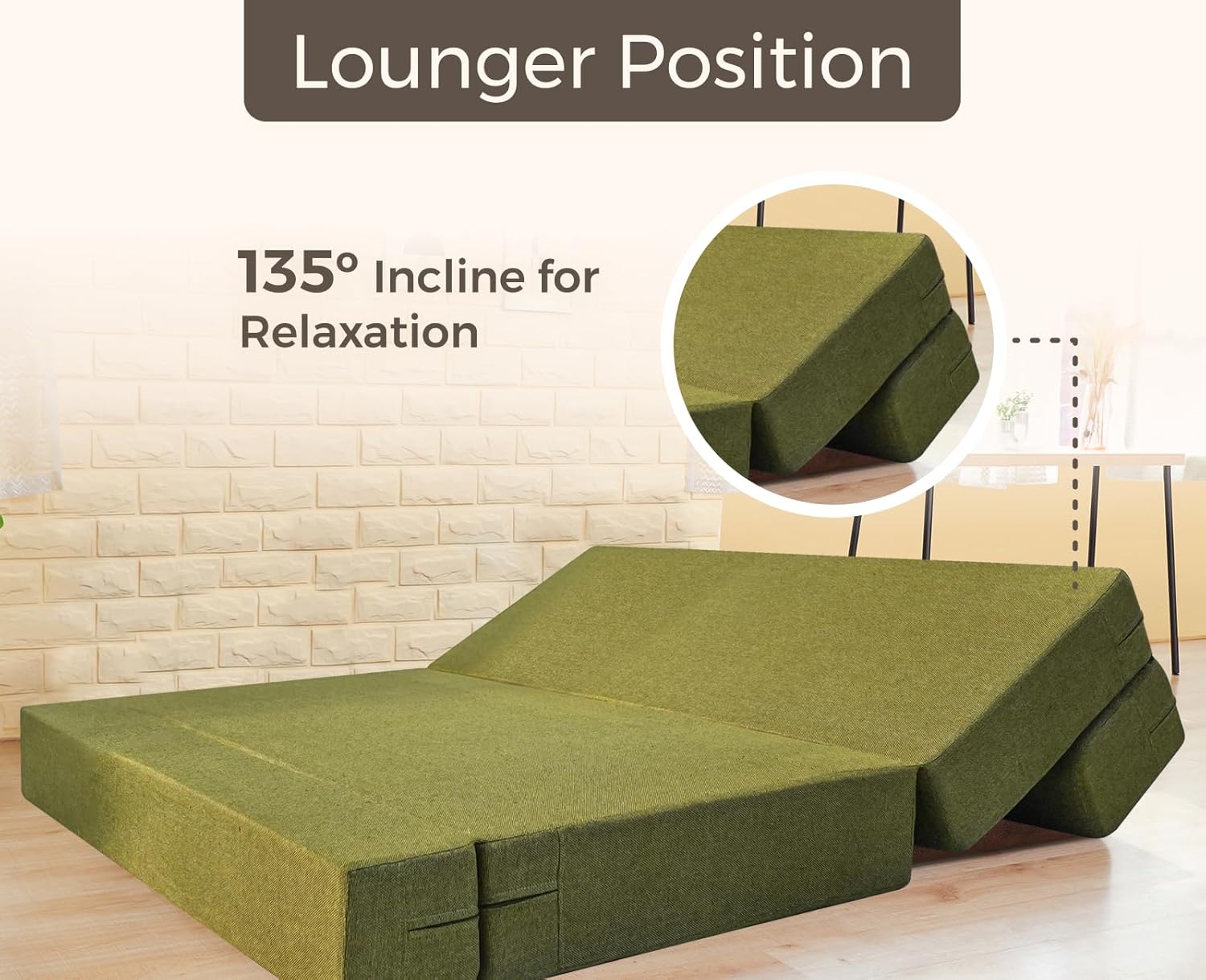 uberlyfe Basics 3 Seater Sofa Cum Bed | Jute Fabric Washable Cover | 2 Cushions Jharokha Pattern | Olive Green | 5' X 6' Feet - Image 5