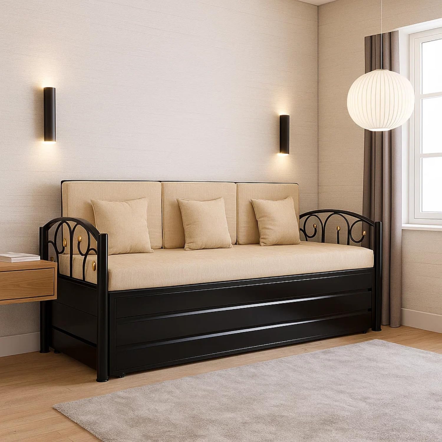 Elegant King Size Matte Black Metal Sofa Cum Bed with Hydraulic Storage - 3 Seater, Cream Finish (6X6) - Image 3