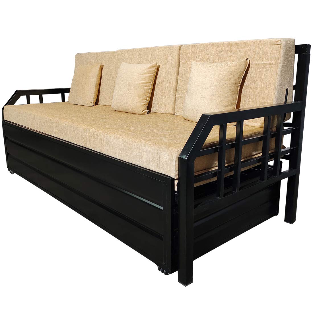 Elegant King Size Matte Black Metal Sofa Cum Bed with Hydraulic Storage - 3 Seater, Cream Finish (6X6) - Image 4