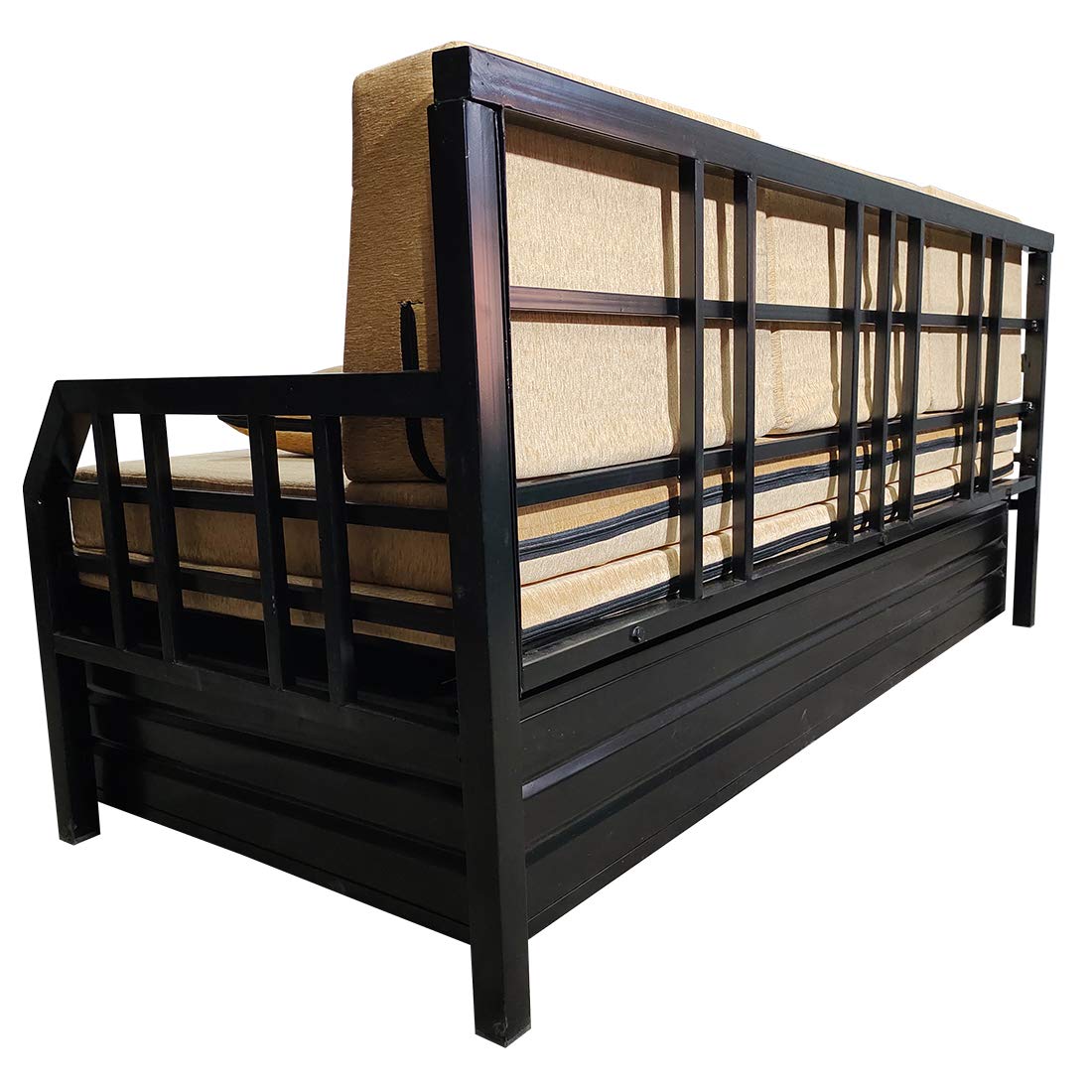 Elegant King Size Matte Black Metal Sofa Cum Bed with Hydraulic Storage - 3 Seater, Cream Finish (6X6) - Image 9