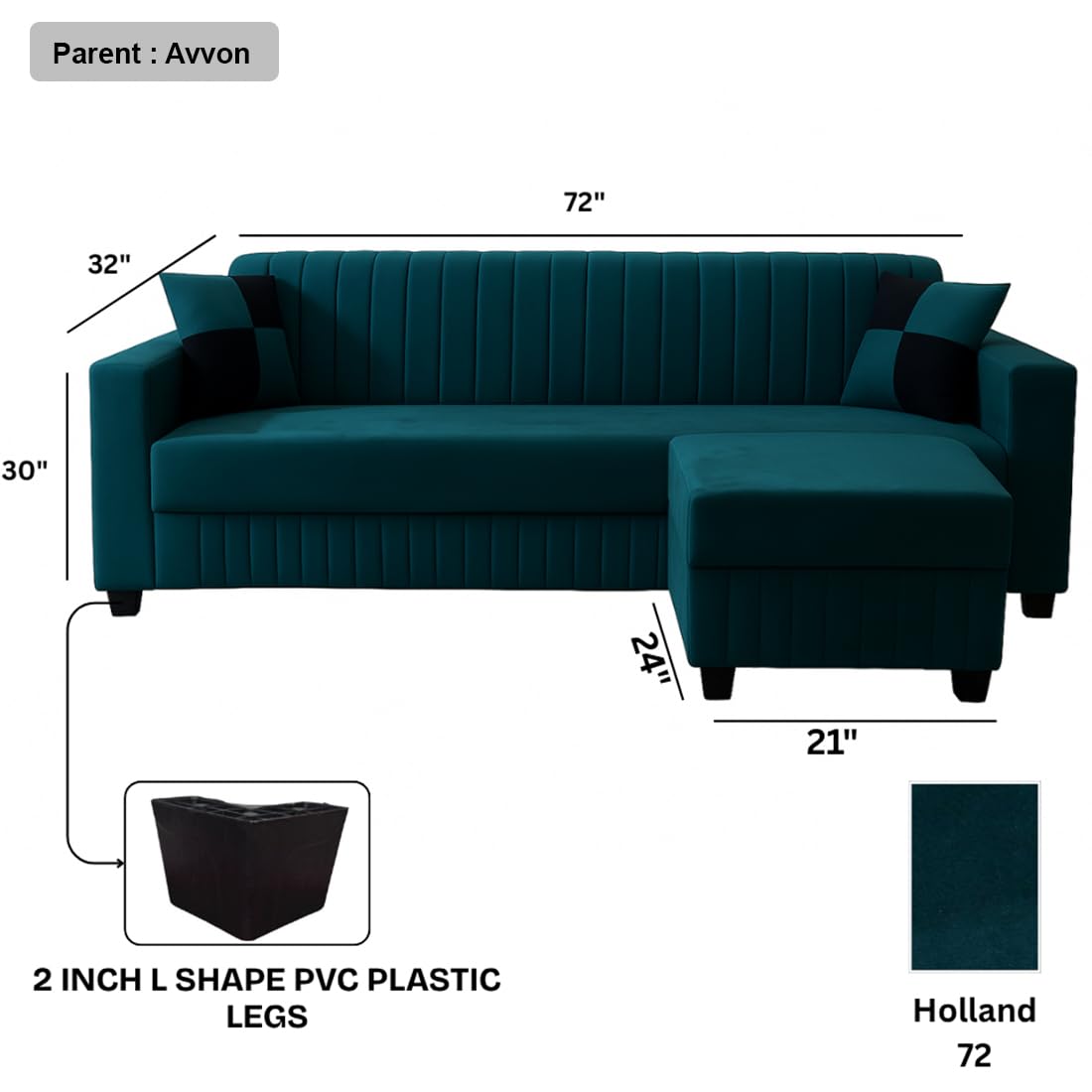FURNY Gracina 3 Seater Modular Fabric Sofa Set with Ottoman (Greenish Teal) | Premium Velvet Finish | Comfortable & Ideal for Living Room - Image 3