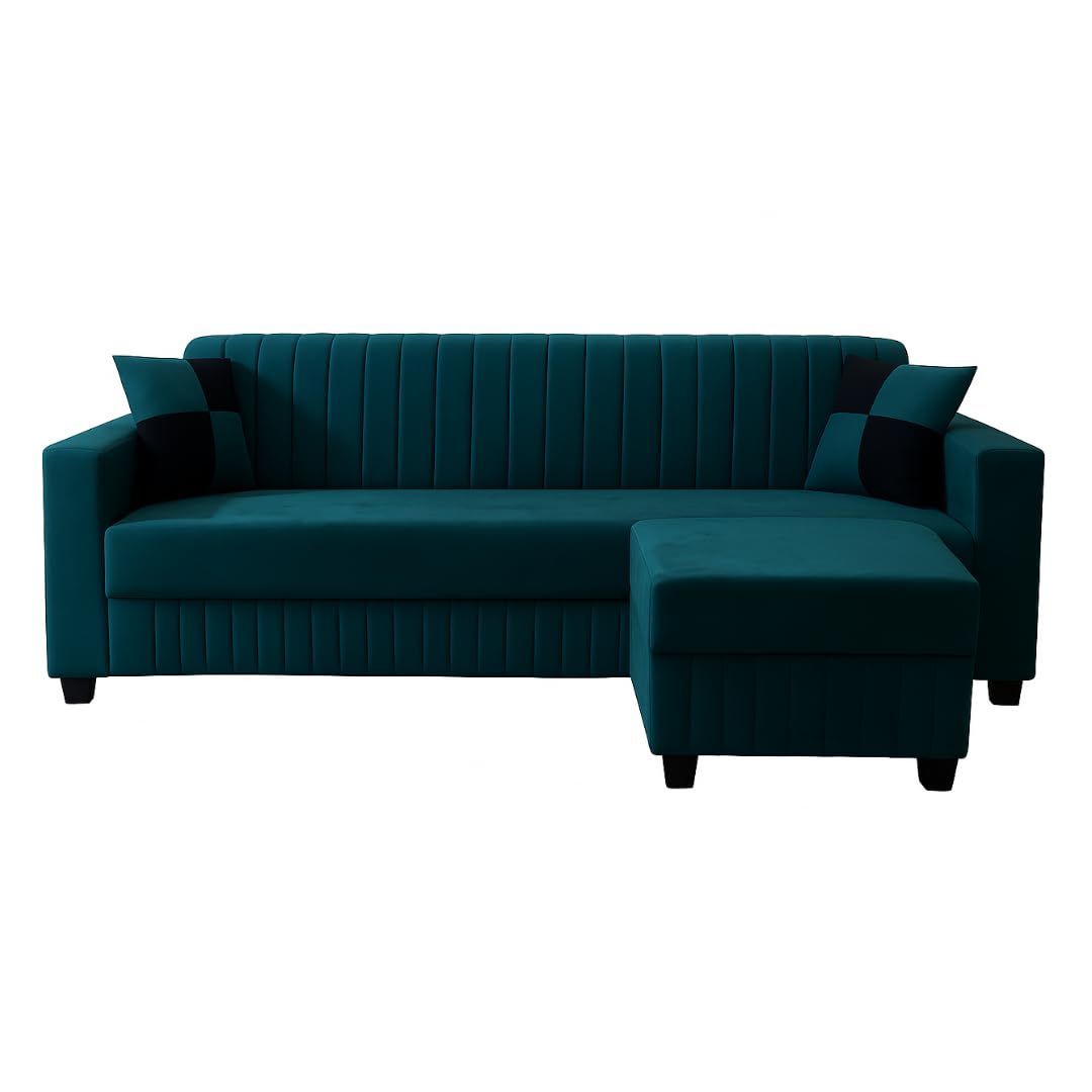 FURNY Gracina 3 Seater Modular Fabric Sofa Set with Ottoman (Greenish Teal) | Premium Velvet Finish | Comfortable & Ideal for Living Room - Image 5