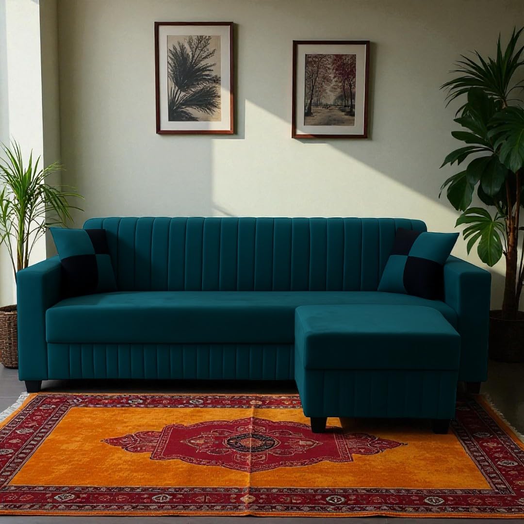 FURNY Gracina 3 Seater Modular Fabric Sofa Set with Ottoman (Greenish Teal) | Premium Velvet Finish | Comfortable & Ideal for Living Room - Image 6