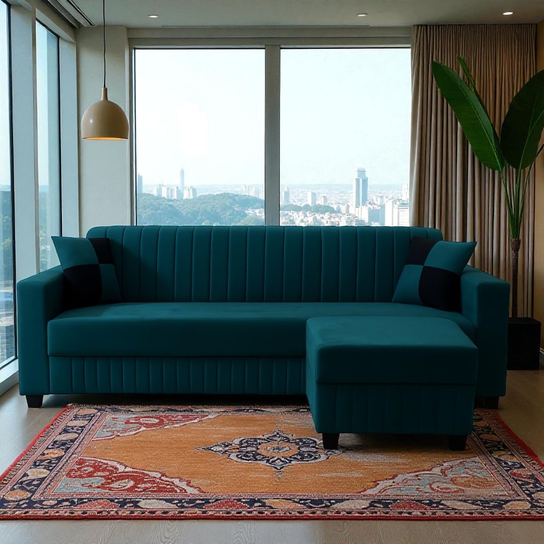 FURNY Gracina 3 Seater Modular Fabric Sofa Set with Ottoman (Greenish Teal) | Premium Velvet Finish | Comfortable & Ideal for Living Room - Image 7