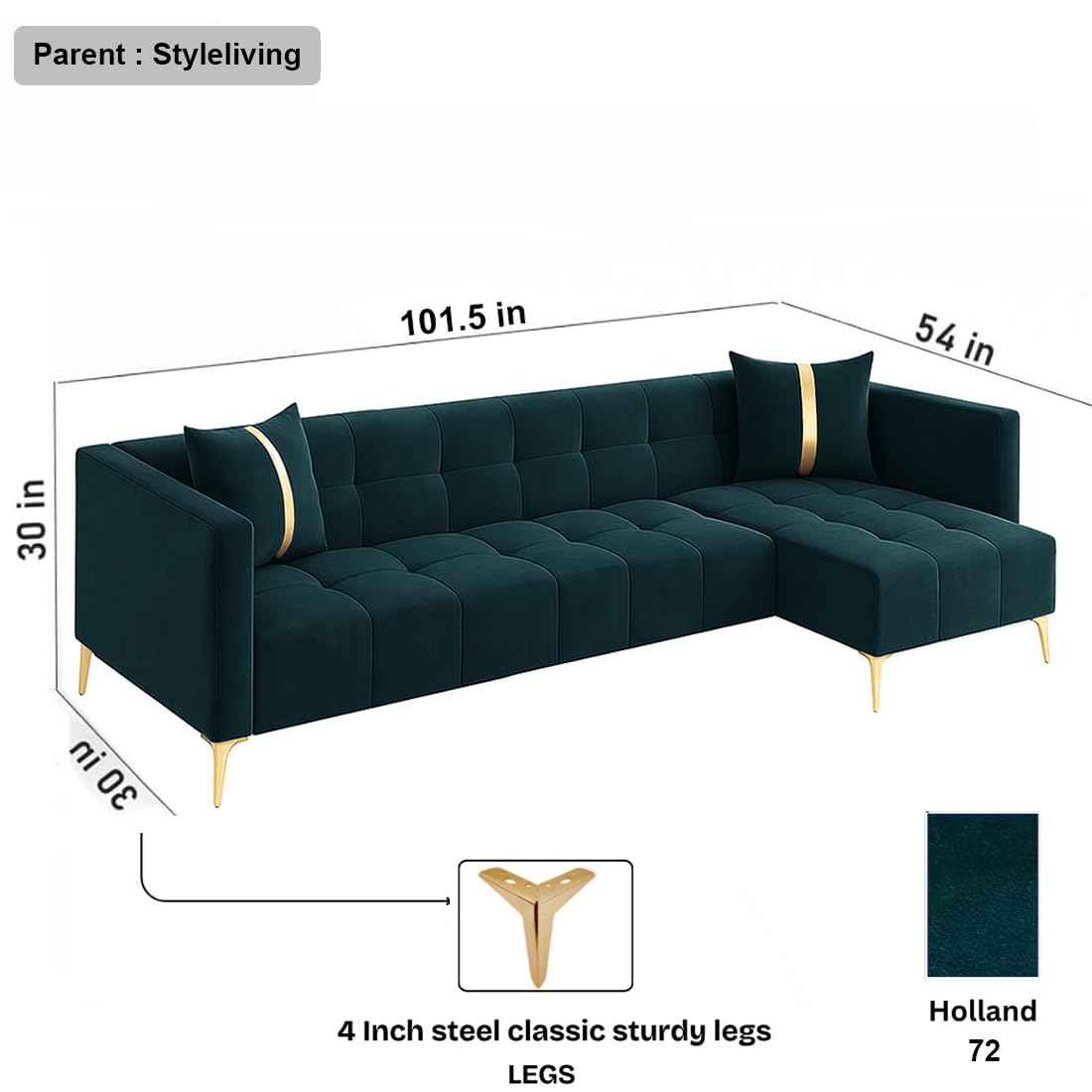 FURNY Styliving 6 Seater Fabric RHS L Shape Sofa Set (Greenish Teal) with Golden Finish Legs | Durable & Comfortable | Ideal for Living Room - Image 3