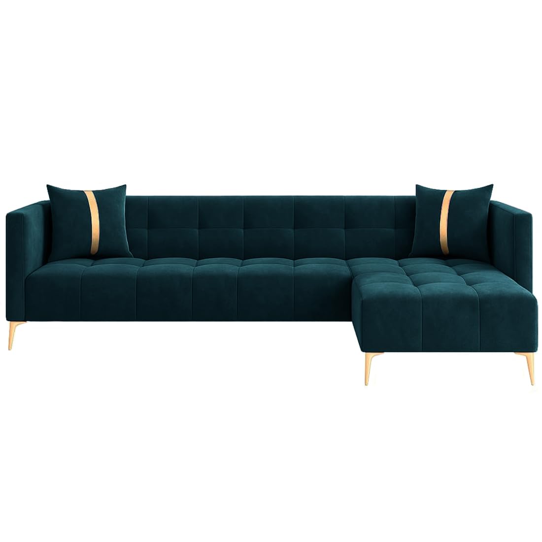 FURNY Styliving 6 Seater Fabric RHS L Shape Sofa Set (Greenish Teal) with Golden Finish Legs | Durable & Comfortable | Ideal for Living Room - Image 4