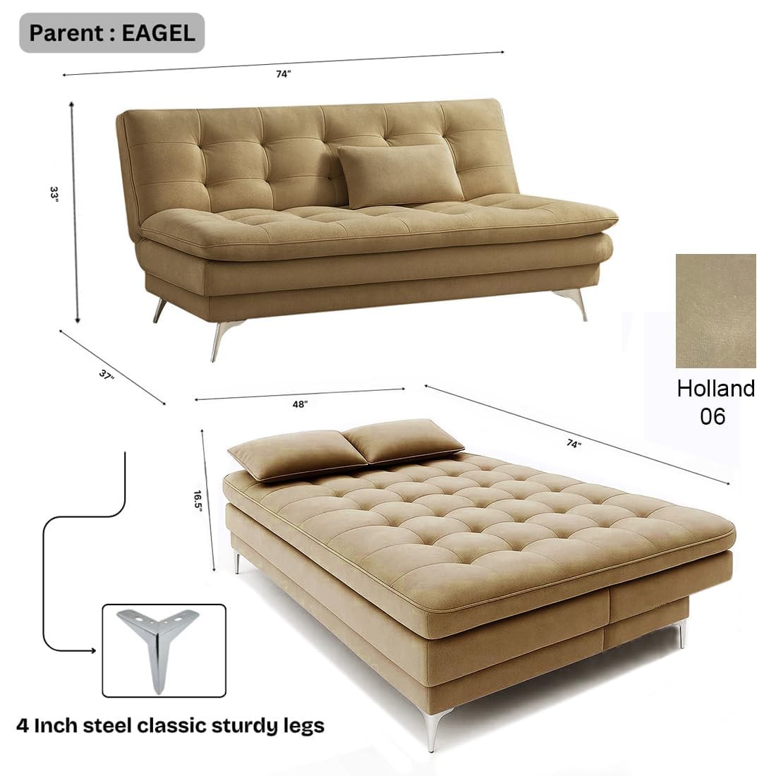 FURNY Eagel 3 Seater Fabric Sofa Cum Bed with 2 Cushions (Beige) with Velvet Fabric | Durable with Comfort | Perfect for Living Room, Bedrooms, Offices - Image 3