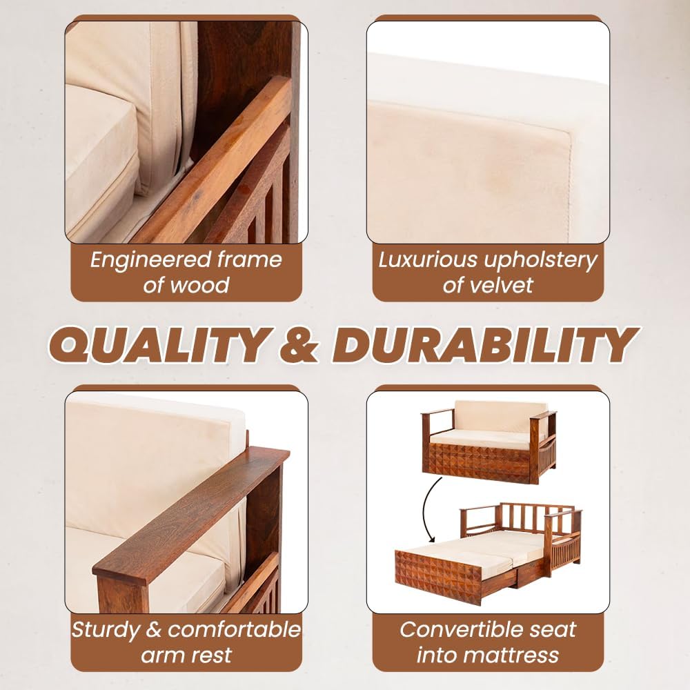 Peachtree Kaya Sofa Cum Bed 6.5 x 5 Feet for Living Room | 3 Years Warranty Foldable Sofa Cum Bed 3 Seater | Mango Wood Frame with Velvet Fabric Sofa with Wooden Armstyle - Image 3