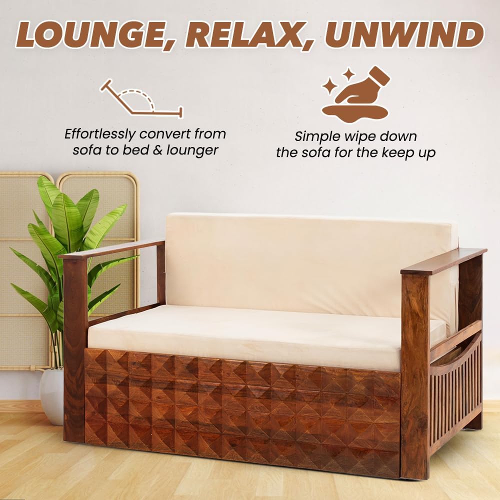 Peachtree Kaya Sofa Cum Bed 6.5 x 5 Feet for Living Room | 3 Years Warranty Foldable Sofa Cum Bed 3 Seater | Mango Wood Frame with Velvet Fabric Sofa with Wooden Armstyle - Image 5
