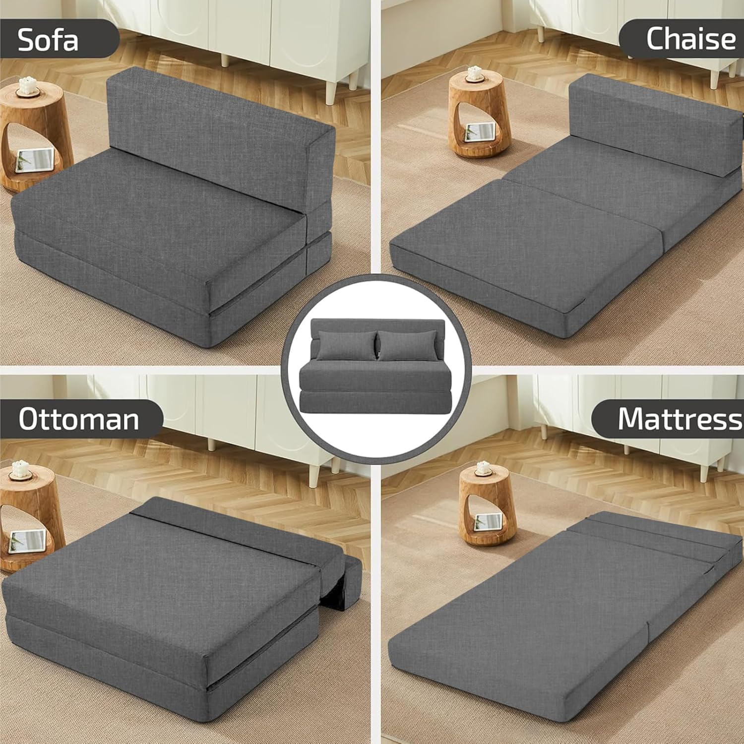 Los Angeles Foldable Four Seater Sofa Cum Bed, Sofa Bed 6 X 6 Feet, Jute Fabric- Washable Cover- Including 4 Cushion Perfect for Home & Office -Grey Color - Image 4