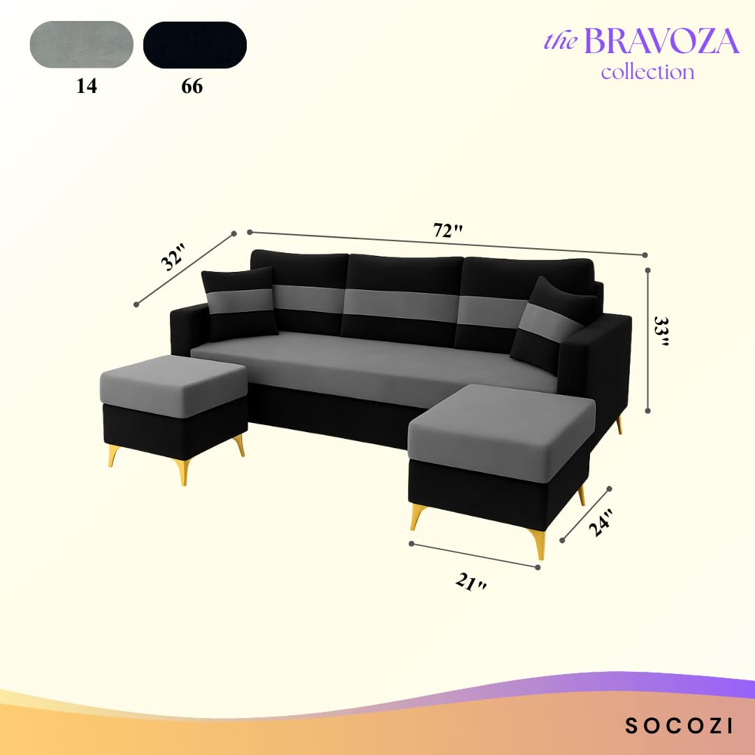 Bastian 3 Seater Modular Sofa Set with 2 Ottoman | Soft Velvet Suede Fabric | Modern Design Sofas for Home | Plush Comfort Cushions for Living Room (Black-Light Grey) - Image 3