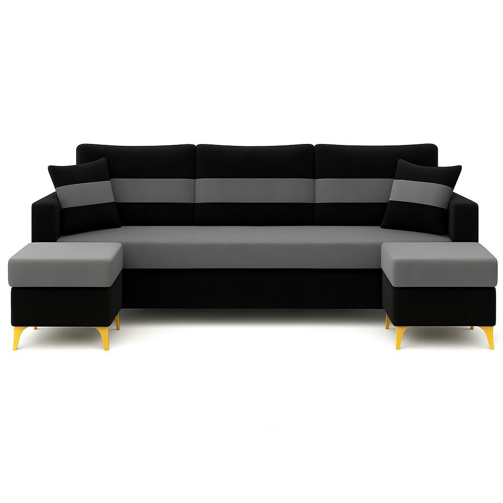 Bastian 3 Seater Modular Sofa Set with 2 Ottoman | Soft Velvet Suede Fabric | Modern Design Sofas for Home | Plush Comfort Cushions for Living Room (Black-Light Grey) - Image 4