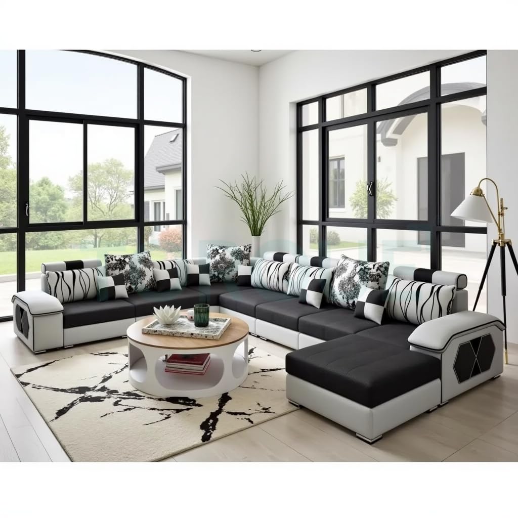 Torque - Allister U Shape 12 Seater Sofa Set for Living Room (Right Side, Light Grey & Black) | U Shaped Sofa Couch with 4 Puffy for Hall Guest Room | 3 Years Warranty - Image 3