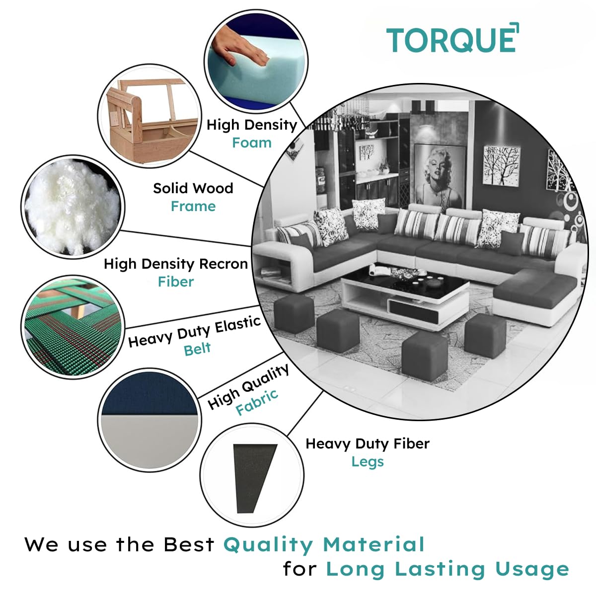 Torque - Allister U Shape 12 Seater Sofa Set for Living Room (Right Side, Light Grey & Black) | U Shaped Sofa Couch with 4 Puffy for Hall Guest Room | 3 Years Warranty - Image 4