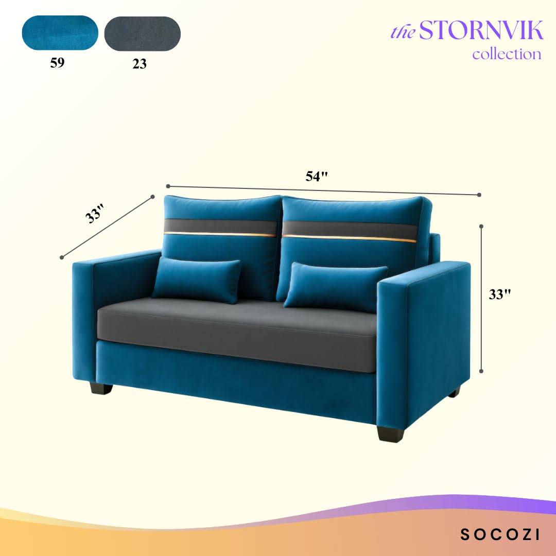 Eldvik 2-Seater Sofa Set | Soft Velvet Suede Fabric | Modern Design | Plush Comfort Cushions for Living Room (Aqua Blue-Dark Grey, Golden Stripped Cushion) - Image 3
