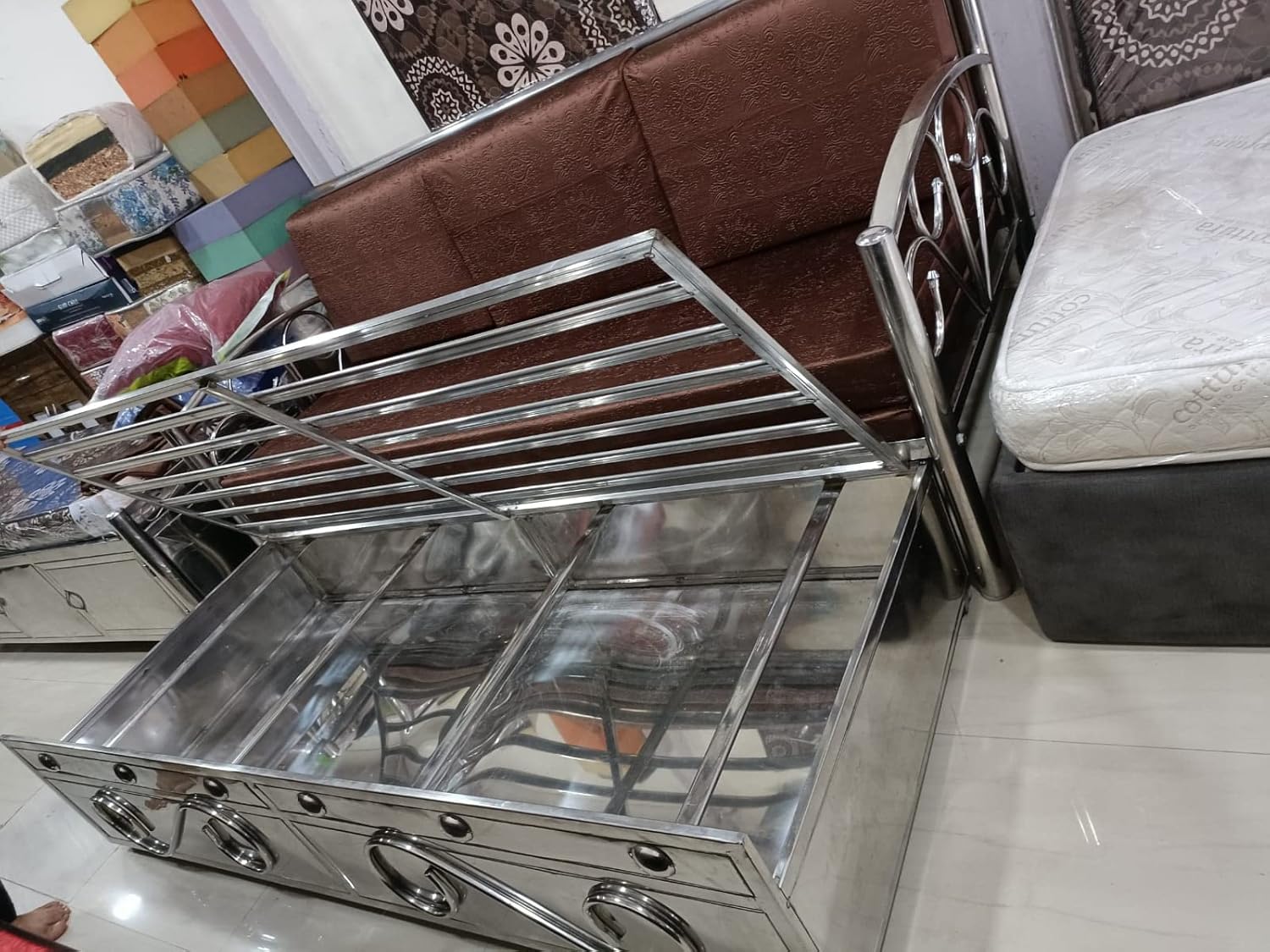 DELFIT Stainless Steel King Size Sofa Cum Bed with Hydraulic Storage Sofa Cum Bed (Silver, Brown) - Image 4