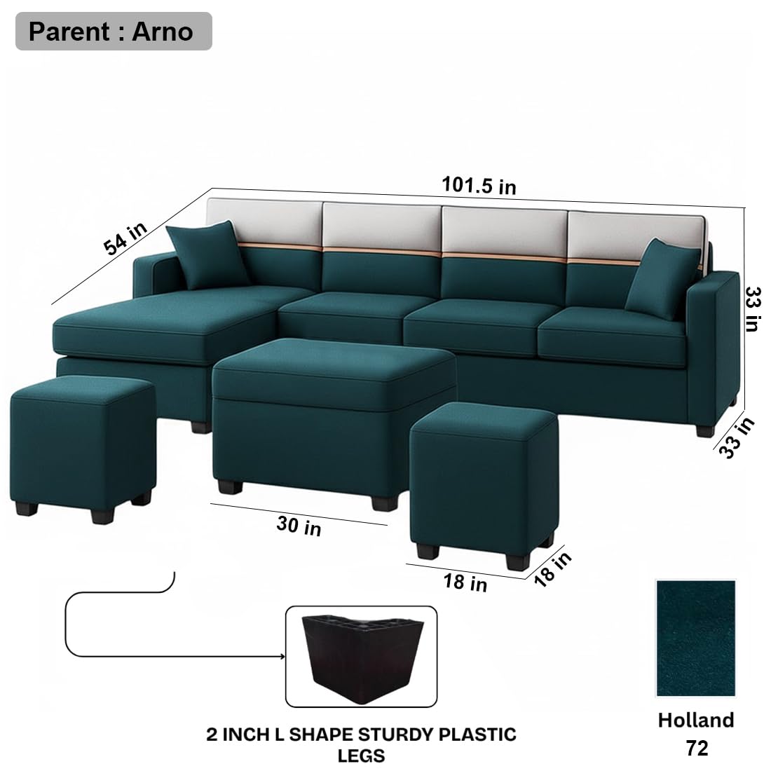 FURNY Arnoy 8 Seater Fabric LHS L Shape Sofa Set with 1 Centre Table & 2 Puffy (Greenish Teal) Premium Velvet Finish | Durable & Comfortable | Ideal for Living Room - Image 3