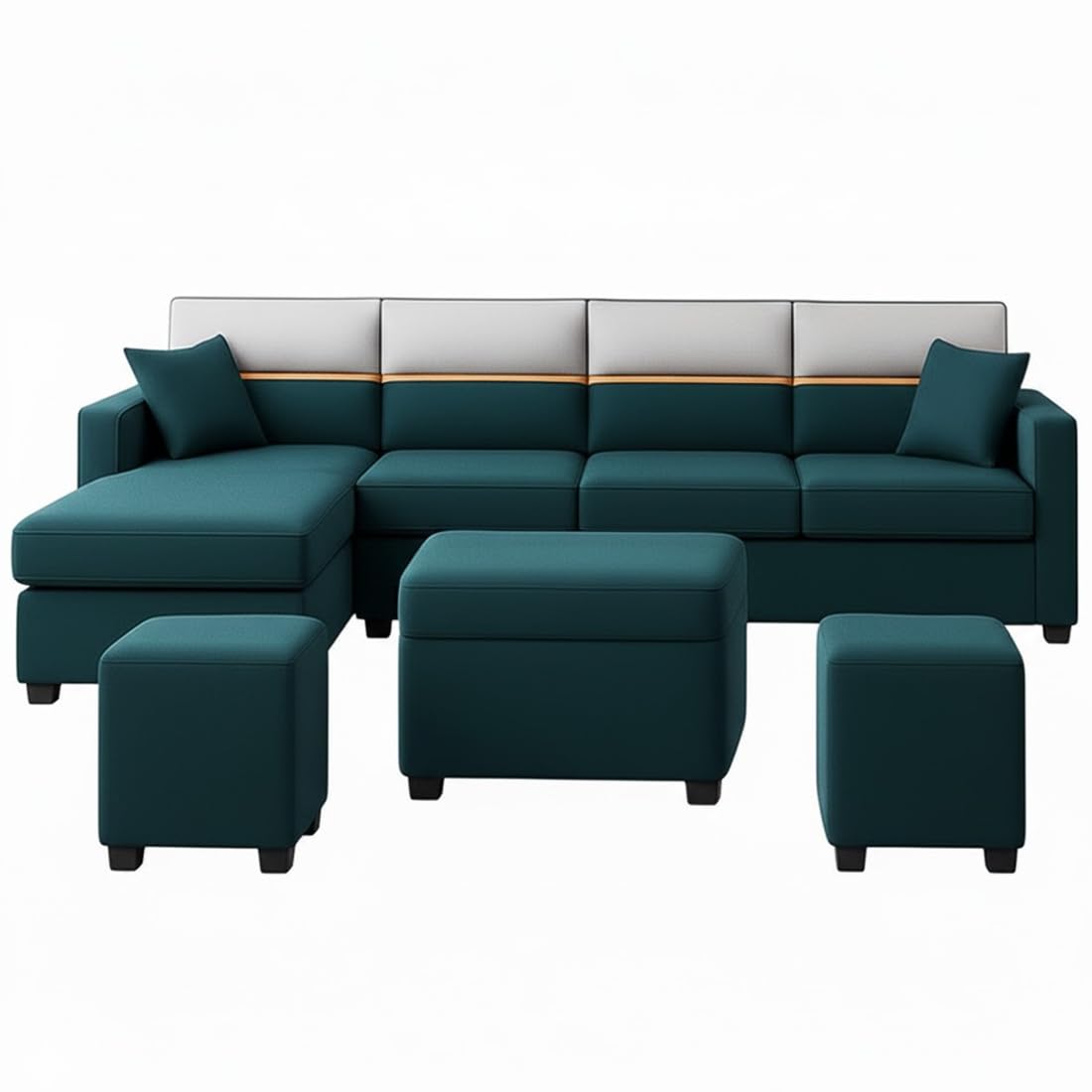 FURNY Arnoy 8 Seater Fabric LHS L Shape Sofa Set with 1 Centre Table & 2 Puffy (Greenish Teal) Premium Velvet Finish | Durable & Comfortable | Ideal for Living Room - Image 4
