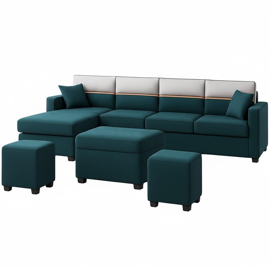 FURNY Arnoy 8 Seater Fabric LHS L Shape Sofa Set with 1 Centre Table & 2 Puffy (Greenish Teal) Premium Velvet Finish | Durable & Comfortable | Ideal for Living Room - Image 5