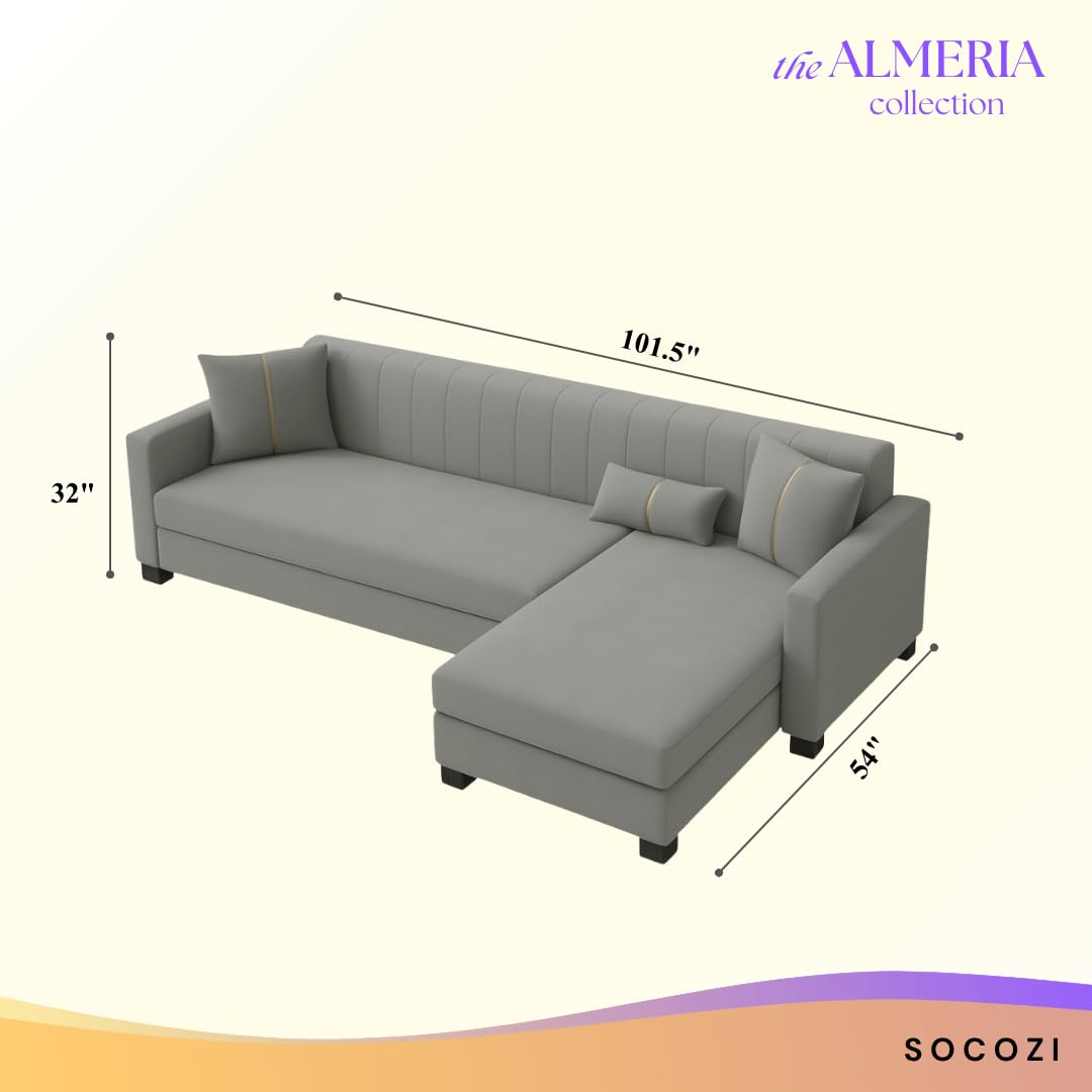 Almeria 5 Seater RHS L Shape Sofa Set | Soft Velvet Suede Fabric | Modern Design | Plush Comfort Cushions for Living Room (Light Grey) - Image 3