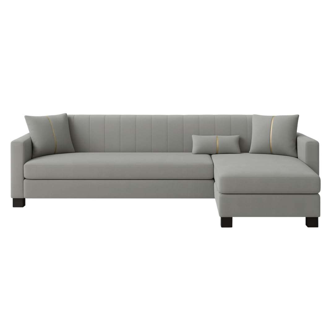 Almeria 5 Seater RHS L Shape Sofa Set | Soft Velvet Suede Fabric | Modern Design | Plush Comfort Cushions for Living Room (Light Grey) - Image 4