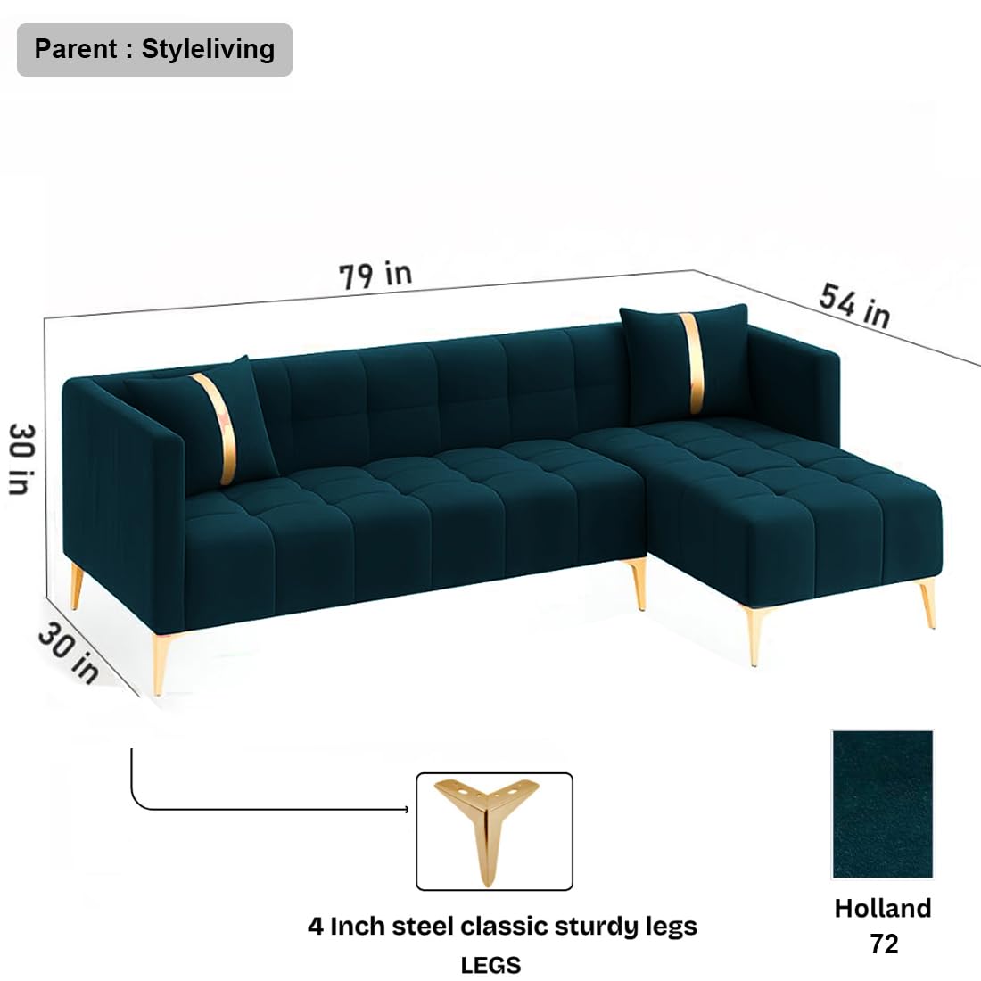 FURNY Styliving 4 Seater Fabric RHS L Shape Sofa Set (Greenish Teal) with Golden Finish Legs | Durable & Comfortable | Ideal for Living Room - Image 3