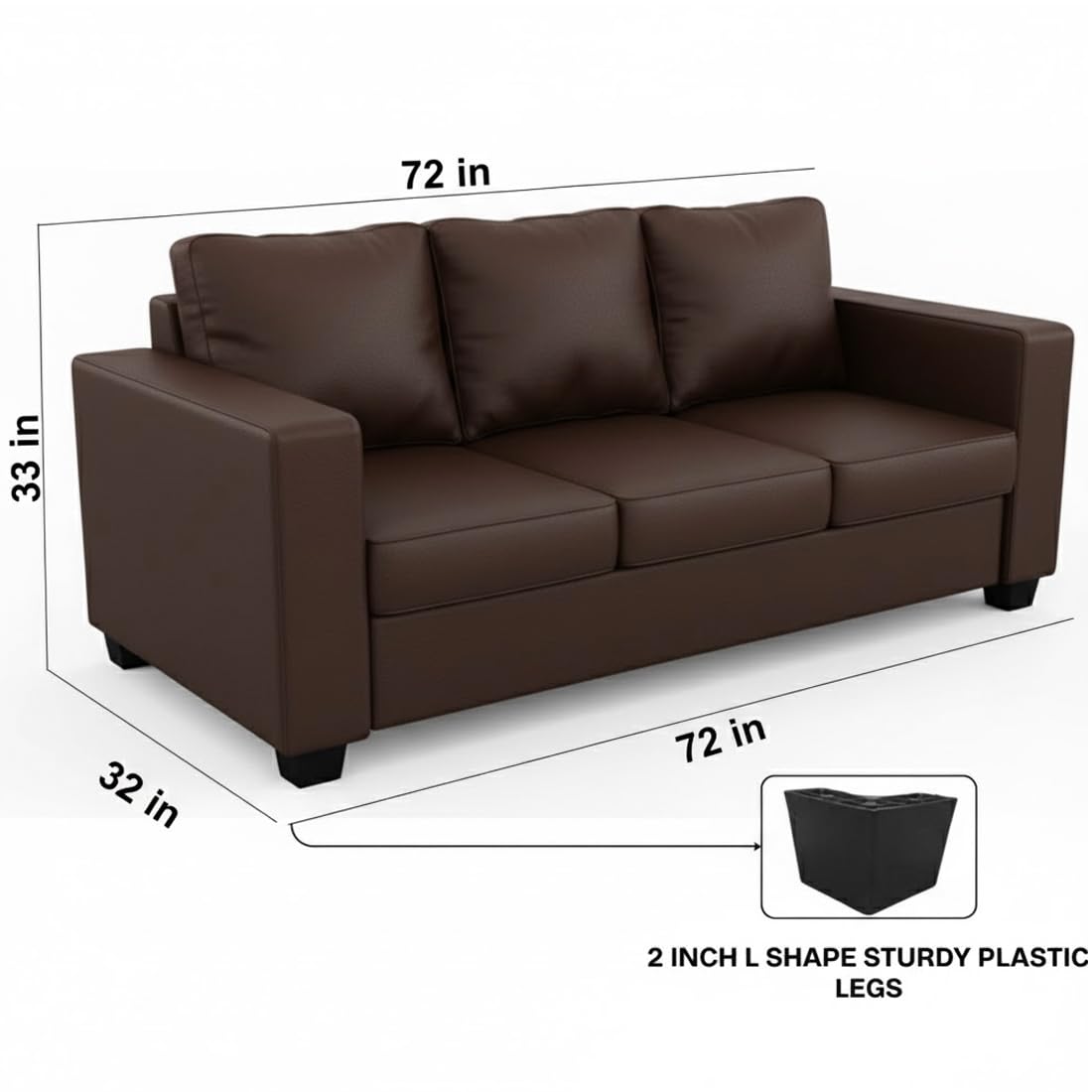 FURNY Harloy 3 Seater Leatherette Sofa Set (Brown) in Premium Leatherette | Durable Comfort | Ideal for Living Room - Image 3