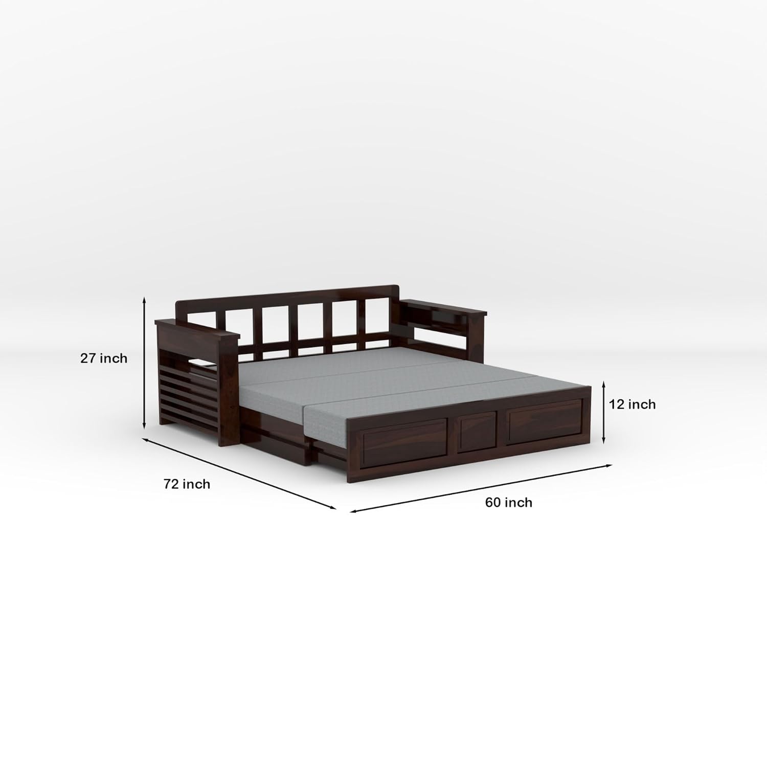 Solid Sheesham Wood 3 Seater Sofa Bed with Mattress | Sofa Cum Bed | Sofas & Couches for Living Room | Bedroom | Hotel (Finish Color - Walnut, DIY) Without Pillow - Image 3