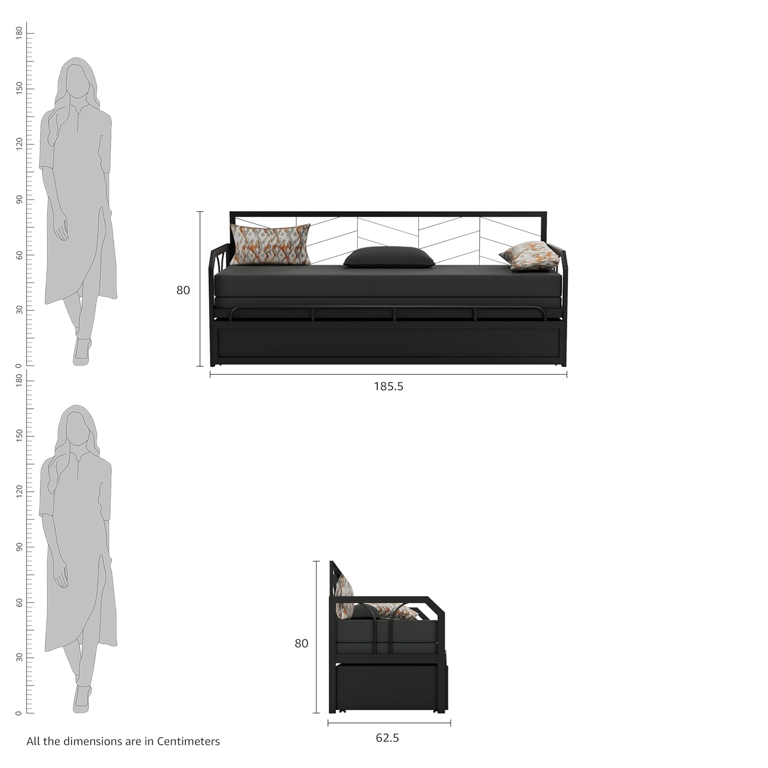 Amazon Brand - Solimo Darius Metal Sofa Cum Bed (Black) 3 Seater, Double - Image 3