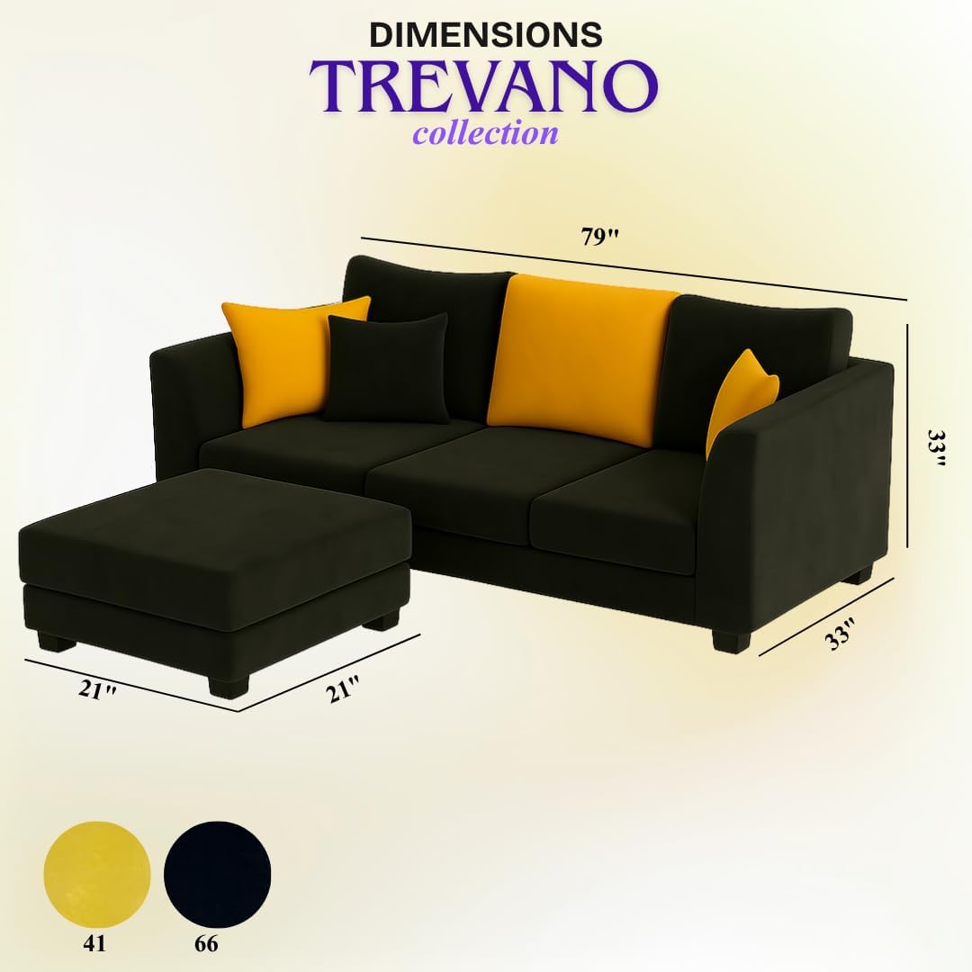 Trevano 3 Seater Modular L Shape Sofa Set with Ottoman | Soft Velvet Suede Fabric | Modern Design | Plush Comfort Cushions for Living Room (Black-Yellow) - Image 3