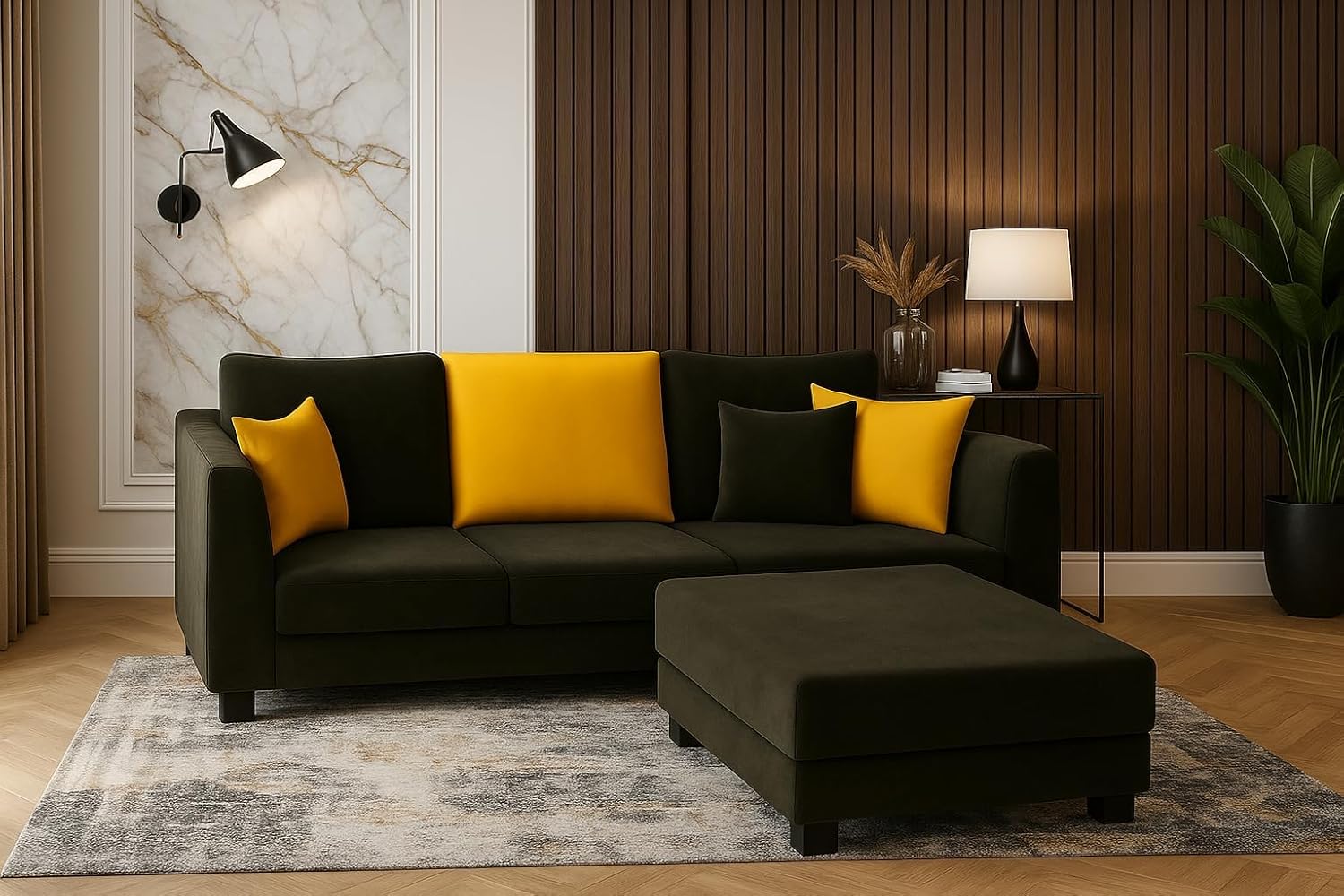 Trevano 3 Seater Modular L Shape Sofa Set with Ottoman | Soft Velvet Suede Fabric | Modern Design | Plush Comfort Cushions for Living Room (Black-Yellow) - Image 4
