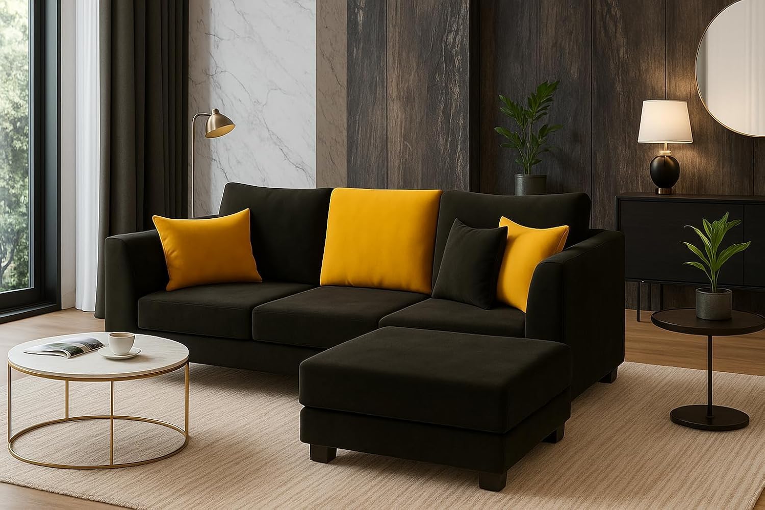 Trevano 3 Seater Modular L Shape Sofa Set with Ottoman | Soft Velvet Suede Fabric | Modern Design | Plush Comfort Cushions for Living Room (Black-Yellow) - Image 5