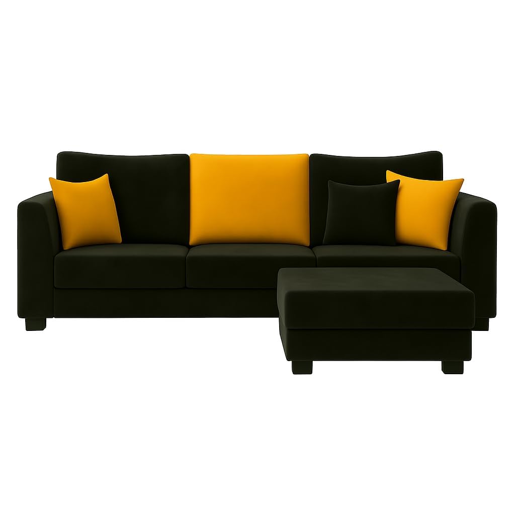 Trevano 3 Seater Modular L Shape Sofa Set with Ottoman | Soft Velvet Suede Fabric | Modern Design | Plush Comfort Cushions for Living Room (Black-Yellow) - Image 6