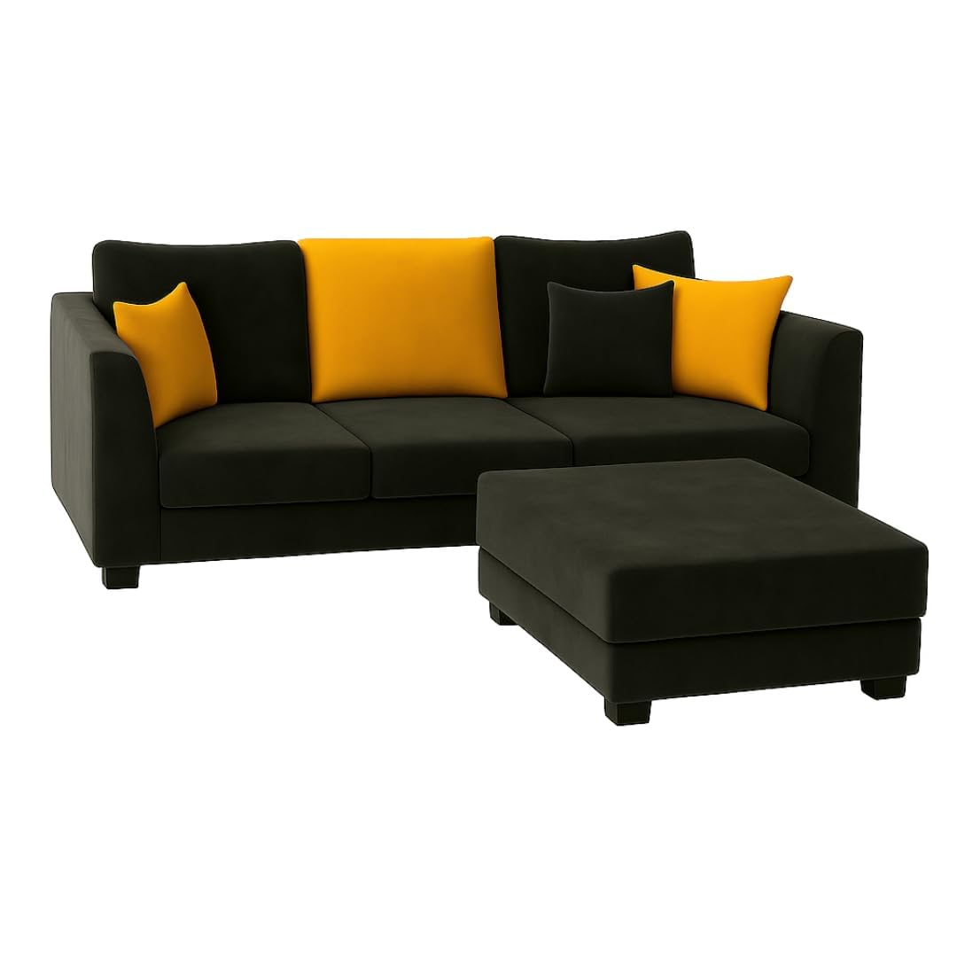 Trevano 3 Seater Modular L Shape Sofa Set with Ottoman | Soft Velvet Suede Fabric | Modern Design | Plush Comfort Cushions for Living Room (Black-Yellow) - Image 7