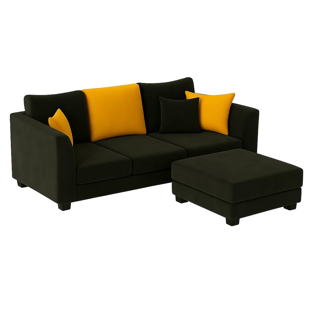 Trevano 3 Seater Modular L Shape Sofa Set with Ottoman | Soft Velvet Suede Fabric | Modern Design | Plush Comfort Cushions for Living Room (Black-Yellow) - Image 8