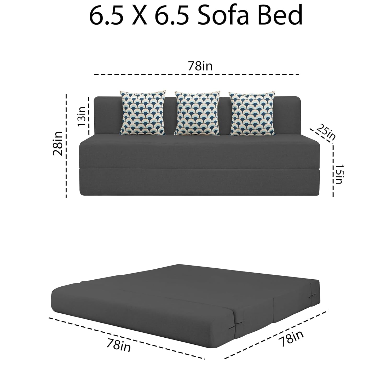 BRAXTON Glacier 3 Seater Sofa Cum Bed with 3 Cushions for Living Room (Black Fabric) Premium Fabric Sofa 6.5 x 6.5 Feet - Image 3