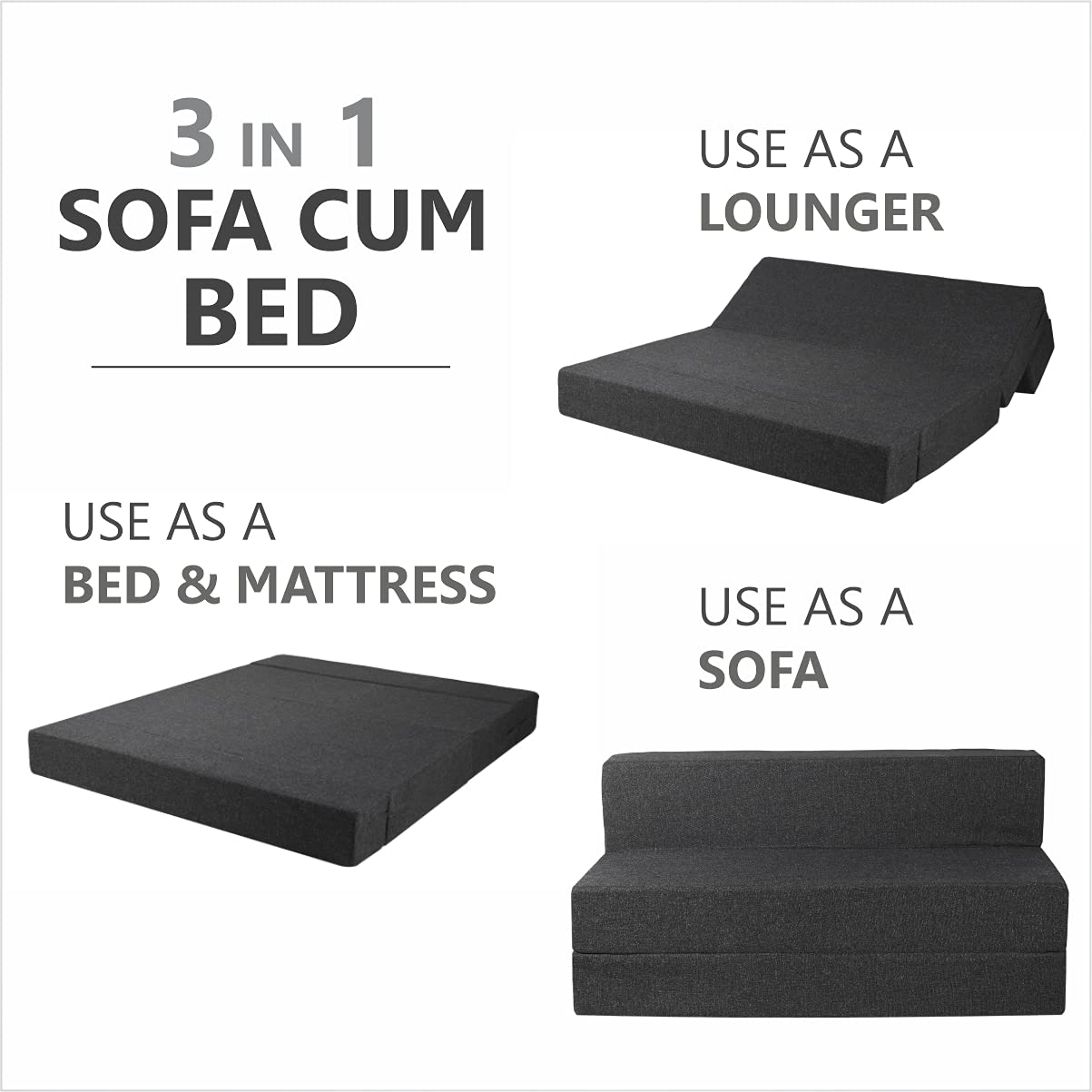 Seventh Heaven 1 Seater 6 * 3 Jute Fabric Washable Cover Sofa Cum Bed 1 Seater Single Foam Fold Out Sofa Cum Bed (Finish Color - Grey Delivery Condition - Pre-Assembled) - Image 5