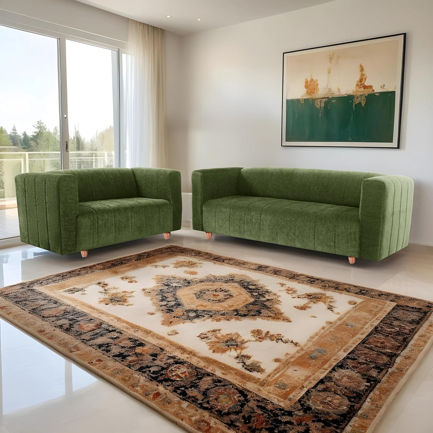 Tokyo 3+2 Seater Sofa Set | Luxury Comfort | Extra Spacious | Stylish Wooden Frame | Elegant Couch for Living Room, Lounge & Office | Premium Seating (Chenille Molfino - Green) - Image 4